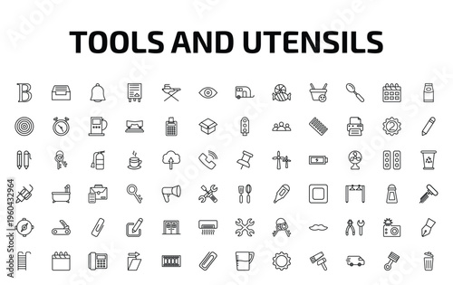 tools and utensils outline icon set. 72 linear vector for ui, web and mobile. thin line bold, tray for papers, hanging bell and more icons.
