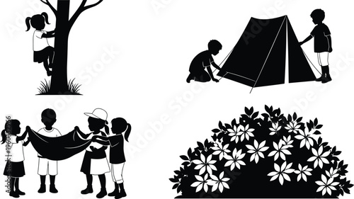 Children camping and playing outdoors silhouettes including climbing trees setting up tent holding blanket and blossoming garden bush nature set