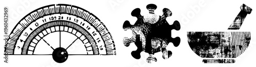 Geometric protractor with degree markings, stylized virus particle, mortar and pestle in halftone texture, vector medical and scientific tools, isolated elements.