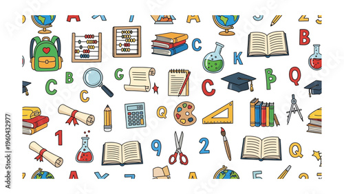 Back to School Essentials: A vibrant array of academic tools and symbols forms a dynamic pattern, capturing the essence of education and scholastic pursuits.