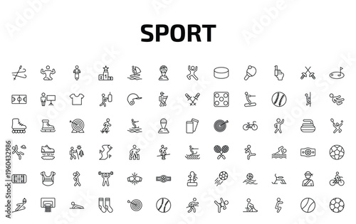 sport outline icon set. 72 linear vector for ui, web and mobile. thin line ski, yoga posture, motorbike riding and more icons.