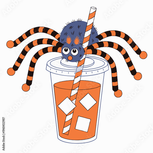 Spooky spider with a straw in a refreshing orange drink with ice cubes, perfect for Halloween celebrations