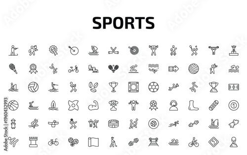 sports outline icon set. 72 linear vector for ui, web and mobile. thin line biathlon, man award, equipment and more icons.