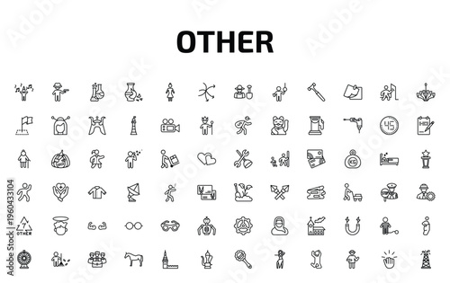 other outline icon set. 72 linear vector for ui, web and mobile. thin line man celebrating, criminal heist, labaratory and more icons.