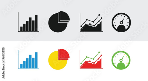 Collection of data visualization icons bar graphs pie charts and gauges