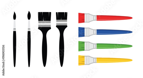 An arrangement of colorful paintbrushes with varying shapes and bristle colors