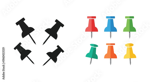 Colorful push pins and black silhouette variations arranged on a white background