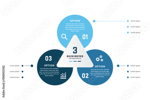 3 Options Venn diagram business infographic chart template with Triangular Layout, Circular Segments, and Icons for Corporate Strategy, Workflow, and Data Visualization