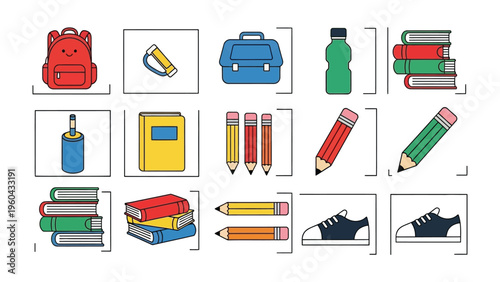 Essential School Items: A collection of vibrant illustrations showcasing essential items for school, from a backpack to pencils, and books.