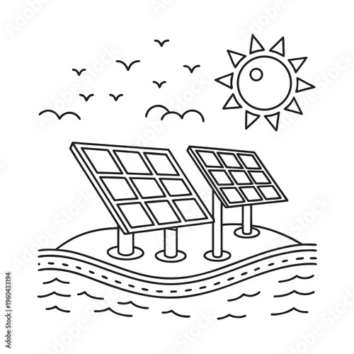 A simple black and white line art illustration of solar panels situated on a small island landscape