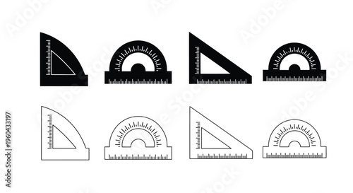 Collection of drafting tools protractors and set squares in black and white