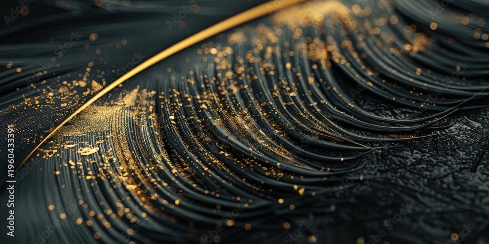 Fototapeta premium Macro Abstract Black Feather Background with Shimmering Golden Glitter and Deep Shadow Texture 