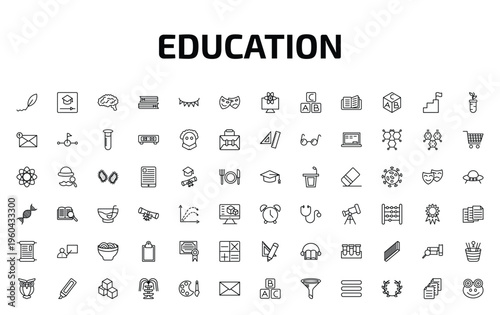 education outline icon set. 72 linear vector for ui, web and mobile. thin line calligraphy, educational video, human brain and more icons.