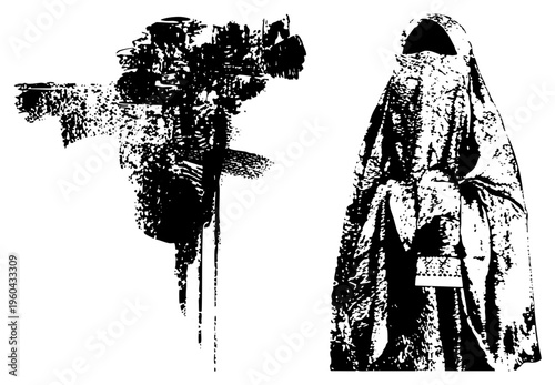 Religious with textured strokes, veiled woman in traditional attire, stylized vector art, halftone design, spiritual symbolism, cultural.