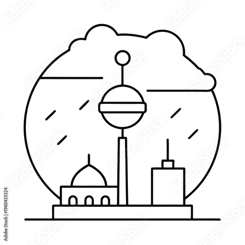 A minimalist black and white line art illustration featuring the iconic kuwait towers and mosque