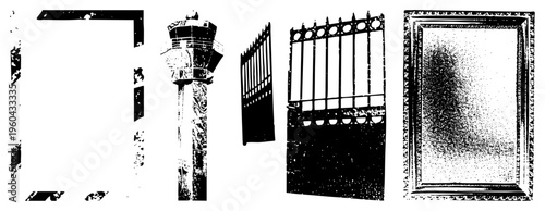 Ornate architectural including decorative frames, wrought iron gates, and classical pillars, rendered in high contrast halftone style for graphic design use.