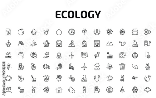 ecology outline icon set. 72 linear vector for ui, web and mobile. thin line eco paper, bio energy, save water and more icons.
