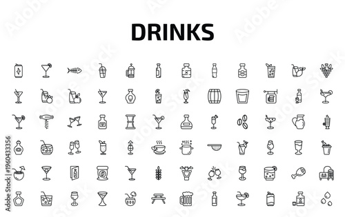 drinks outline icon set. 72 linear vector for ui, web and mobile. thin line energy drink, sidecar drink, fish skeleton and more icons.