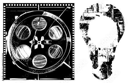 Cinematic film reel with perforated edges and circular frames, paired with stylized lightbulb silhouette both rendered in high contrast halftone texture. Classic cinema and innovation symbols.