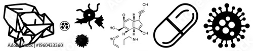 Scientific illustrations of crystal lattice, virus, chemical formula, pill, and spiky pathogen all in minimalist black vector style, ideal for medical or educational use.