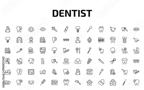 dentist outline icon set. 72 linear vector for ui, web and mobile. thin line sick boy, tooth whitening, dental and more icons.