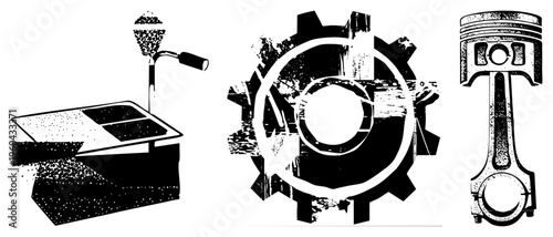 Mechanical gear, piston, and industrial machine rendered in high contrast vector art, industrial machinery, mechanical engineering, technical illustration.