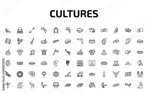 cultures outline icon set. 72 linear vector for ui, web and mobile. thin line australian kangaroo, crocodile leather bag, native and more icons.