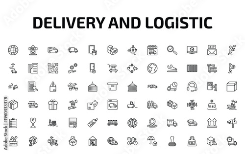 delivery and logistic outline icon set. 72 linear vector for ui, web and mobile. thin line earth grid, post office, cargo bus and more icons.