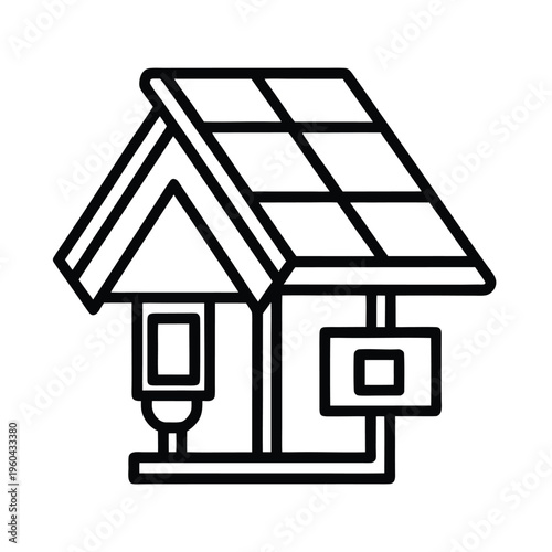 A black and white line art icon representing a residential house with a solar panel roof system