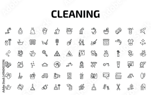 cleaning outline icon set. 72 linear vector for ui, web and mobile. thin line hand wash, perfume cleanin, trash bag and more icons.
