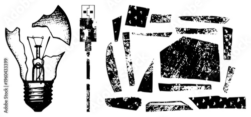 Cracked incandescent bulb with exposed, USB flash drive, scattered glass, halftone texture, vector illustration, isolated elements.