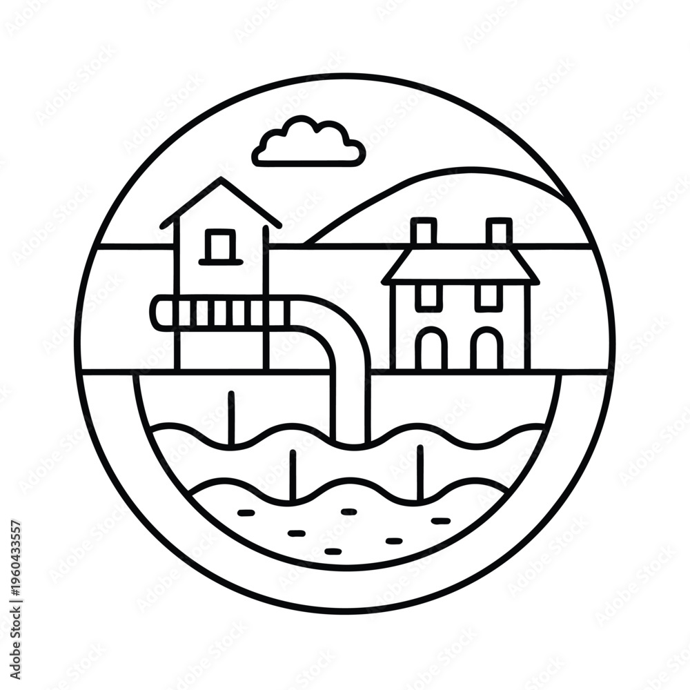 Naklejka premium A circular line art illustration depicting a scenic waterfront landscape with houses and a pier