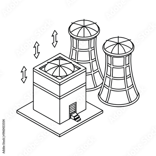 An isometric line art illustration of a industrial power plant facility with cooling towers.