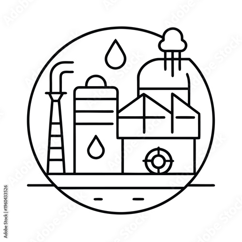 A black and white line art illustration depicting an industrial factory facility within a circle