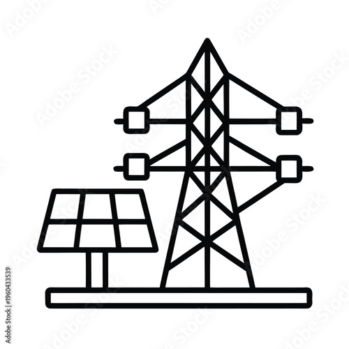 A minimalist line art icon representing renewable energy infrastructure with solar and grid power