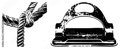 Detailed rope knot tied in Y shape, nautical cleat hardware, maritime rigging, sailing equipment, black and white vector graphic.