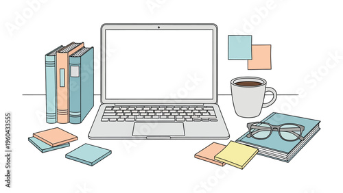 Digital Workspace Setup: An inviting workspace featuring a modern laptop, books, coffee, and glasses, all essential elements for focused work and study.