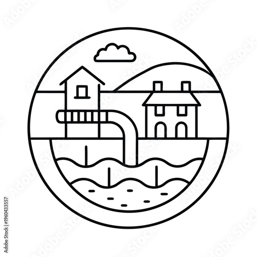 A circular line art illustration depicting a scenic waterfront landscape with houses and a pier