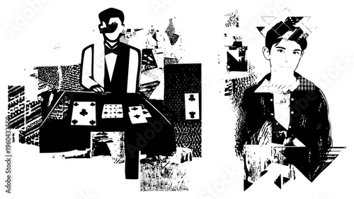 Stylized male figures in halftone art, one as casino dealer with cards, one in modern jacket, abstract geometric, black and white vector illustration.