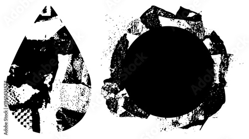 Two stylized vector forms, one teardrop shaped with halftone, one circular with distressed texture, design elements.
