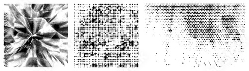 Black and white halftone dot matrix forming abstract texture, gradient density variation, graphic design element, vector, print art, digital art, typographic texture, composition.