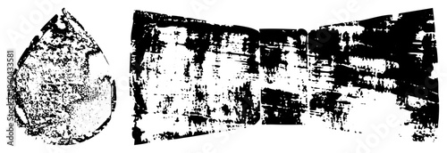 Stylized teardrop with distressed texture, grungy ribbon banner, vector art, black and white, graphic design elements, isolated foreground, halftone effect, abstract shapes.