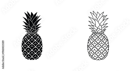 Two stylized pineapple illustrations in black and white side by side