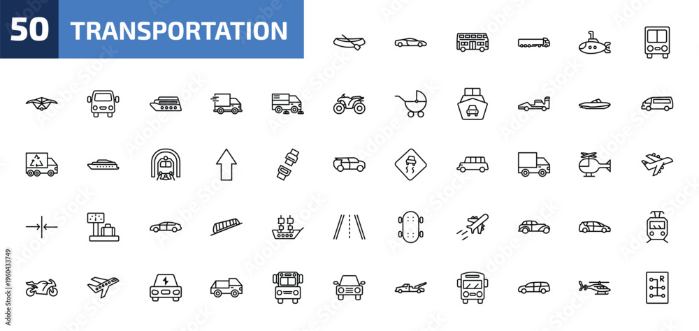 Fototapeta premium transportation outline icon set. 50 linear vector for ui, web and mobile. thin line dugout canoe, sport car, double decker bus and more icons.
