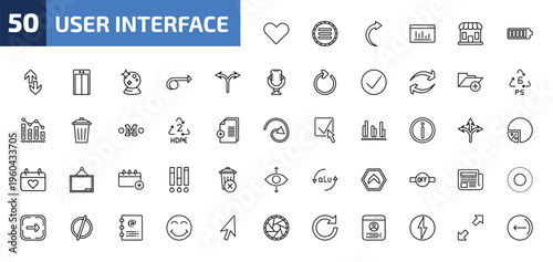 user interface outline icon set. 50 linear vector for ui, web and mobile. thin line hearth, side menu, right curve arrow and more icons.