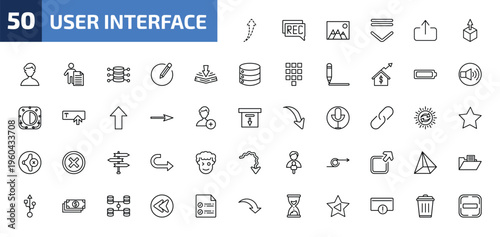 user interface outline icon set. 50 linear vector for ui, web and mobile. thin line up broken line arrow, recording conversation, image with mountains and more icons.