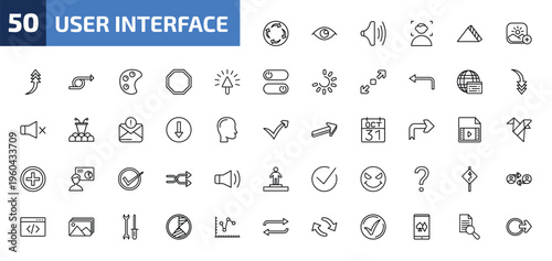 user interface outline icon set. 50 linear vector for ui, web and mobile. thin line rotating arrows, visible, high volume and more icons.