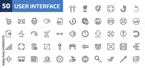 user interface outline icon set. 50 linear vector for ui, web and mobile. thin line up side, archery champion, painter palette and more icons.