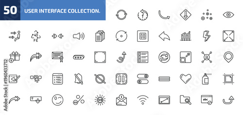 user interface collection. outline icon set. 50 linear vector for ui, web and mobile. thin line retweet, circular arrow clock, round right arrow and more icons.