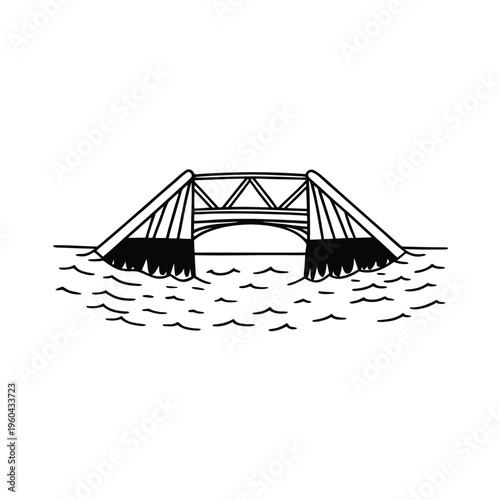A simple black and white line art illustration of a bridge spanning over a calm body of water